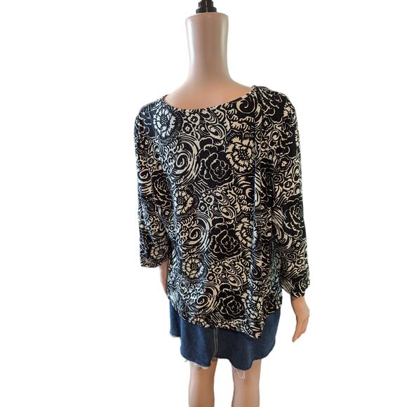 Talbots Size 1X (marked 3X) Black Cream Floral Workwear Classic Stretch Top - Picture 5 of 8